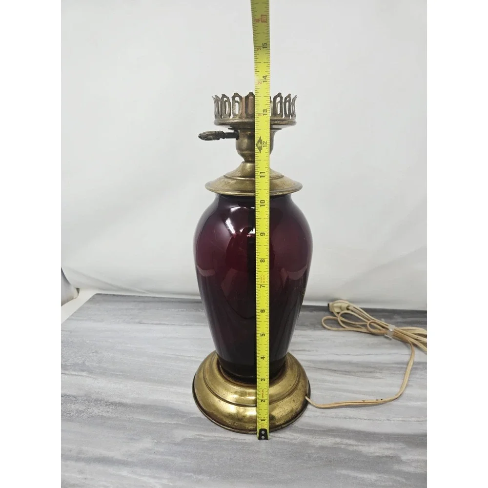 Vtg Ruby Red Cranberry Glass‎ Table Lamp w/ Brass Details 14